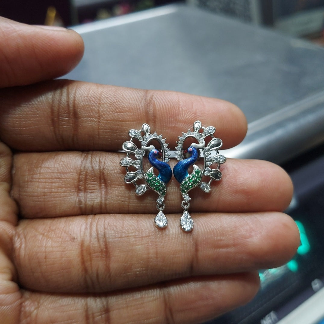 Blue Enameled Peacock with spread stoned stud