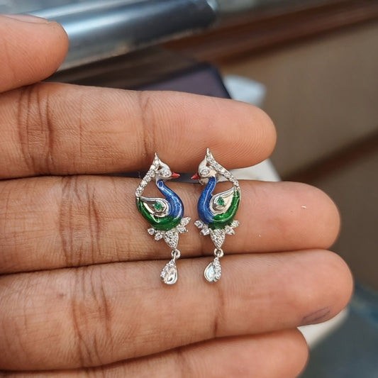 Peacock with Enameled single stone drop stud